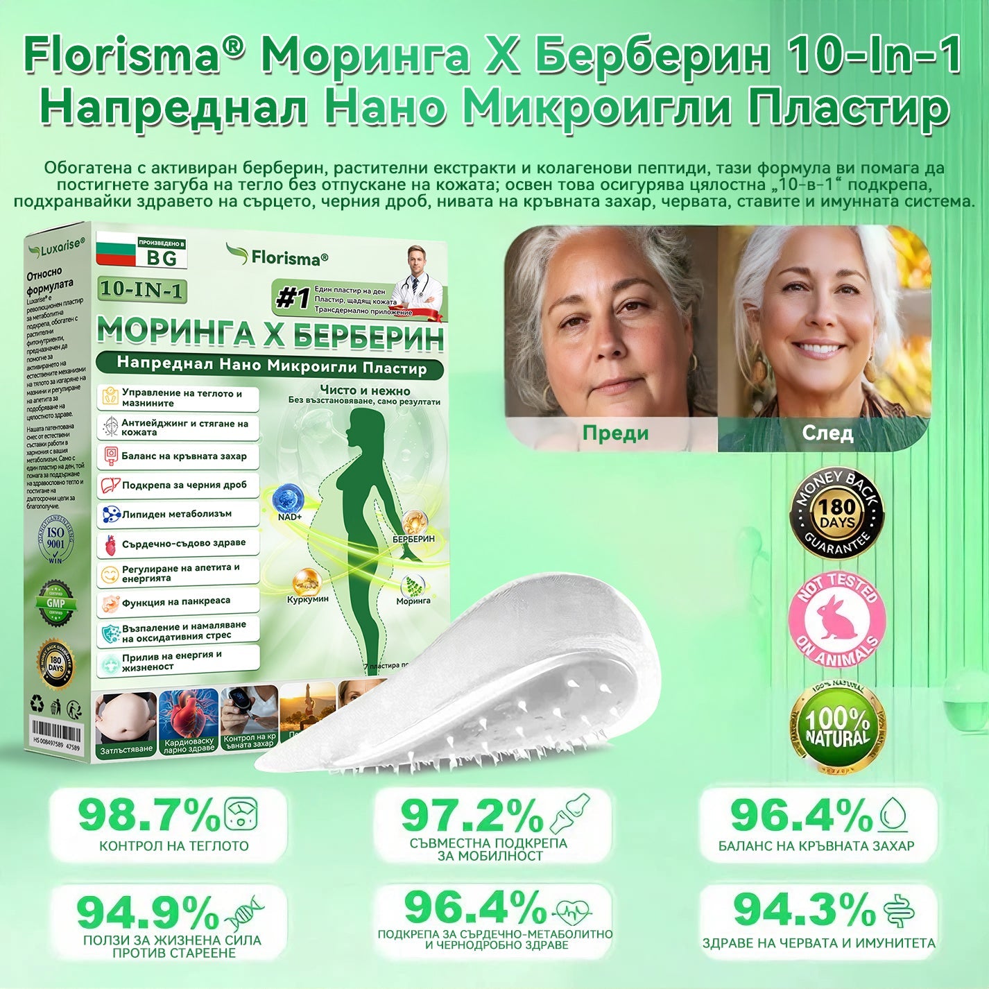 【Последен ден на промоция – 90% ОТСТЪПКА】🐮🐮𝐅𝐥𝐨𝐫𝐢𝐬𝐦𝐚® Моринга 𝐗 Берберин 𝟏𝟎-𝐈𝐧-𝟏 Напреднал Нано Микроигли Пластир